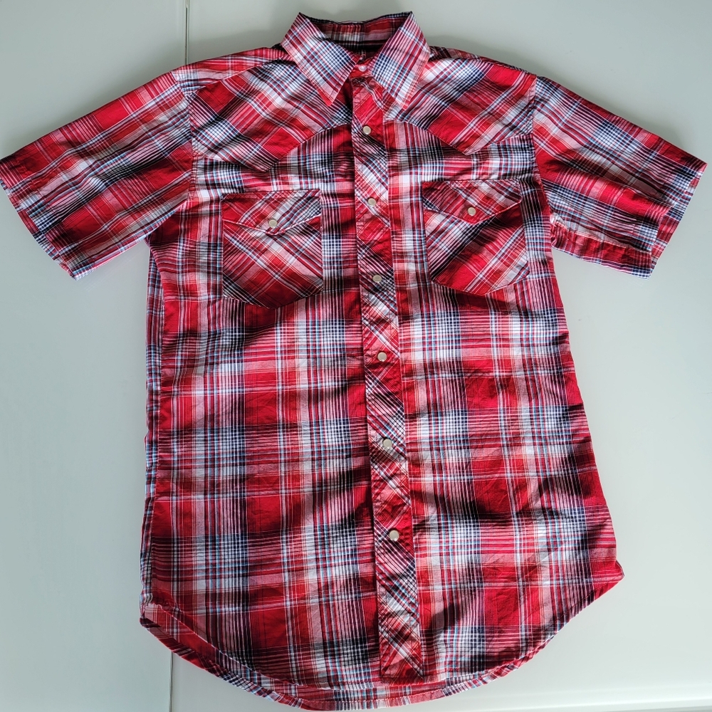 Red Wrangler Pearl Snap Western Shirt Small Short Sleeve Plaid Pocket Men
